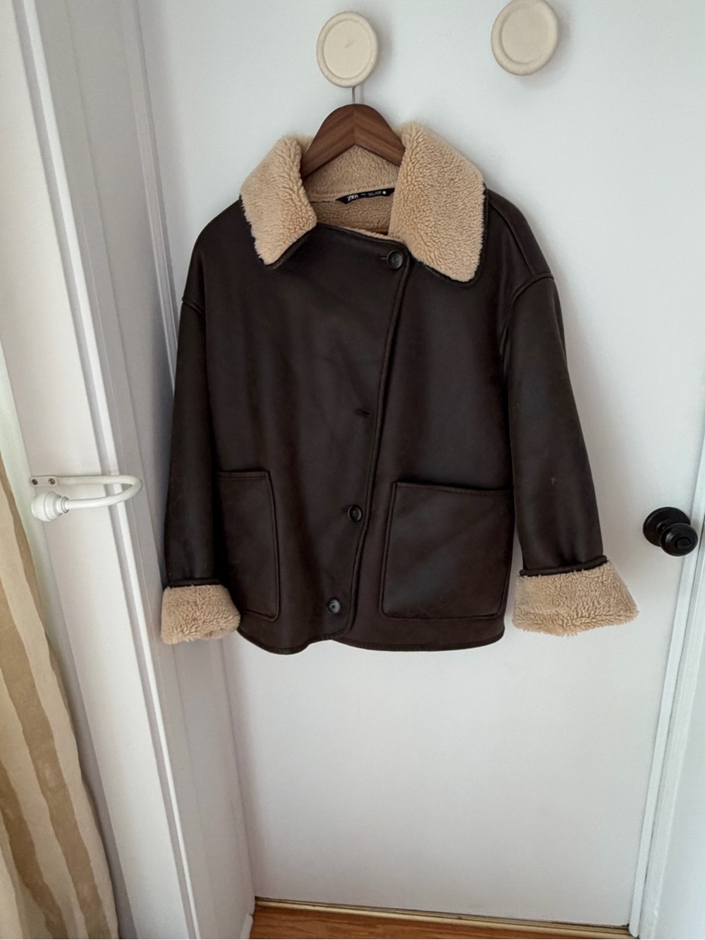Zara Dark Brown Faux Leather Shearling Jacket with Cream Collar
